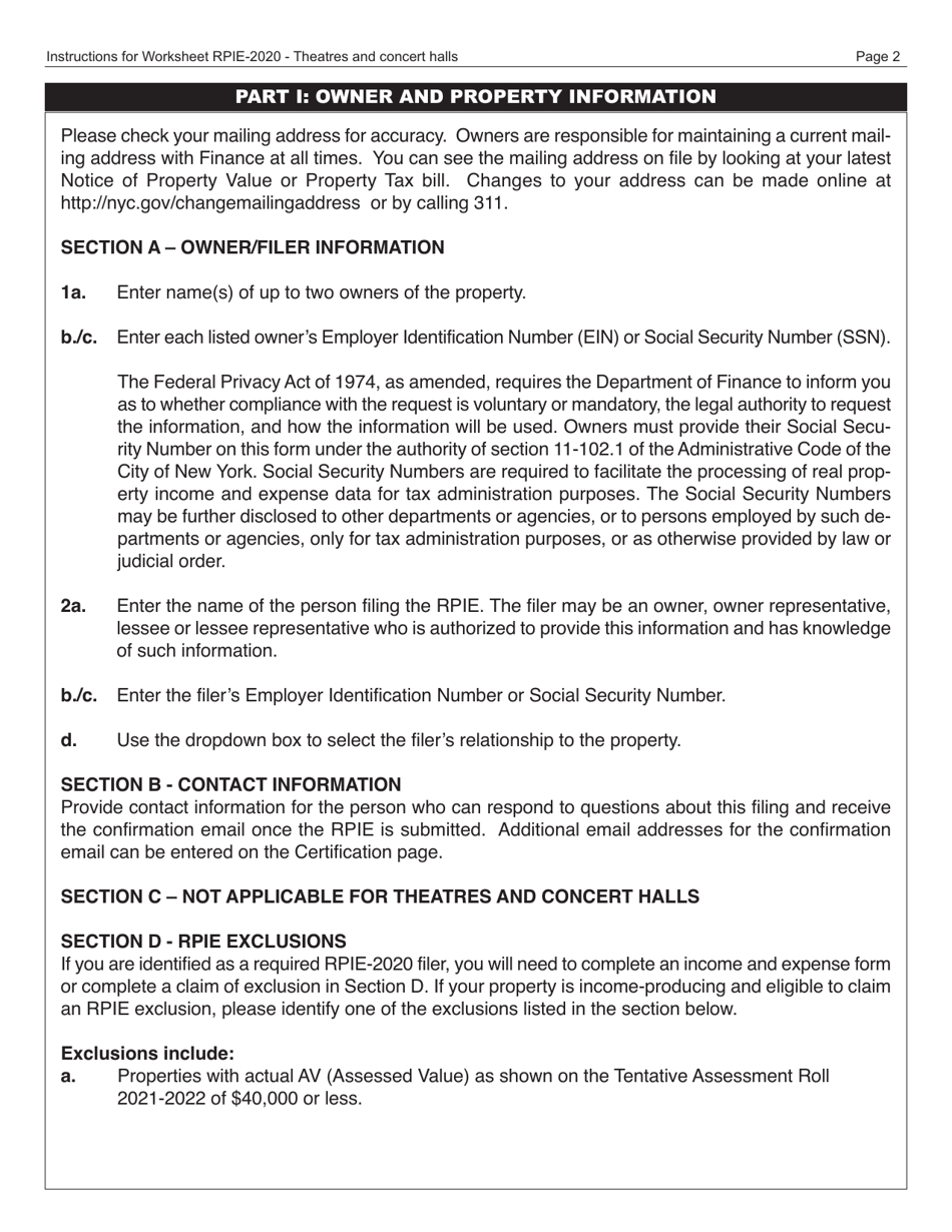 Instructions for Real Property Income and Expense Form for Theatres and Concert Halls - New York City, Page 3