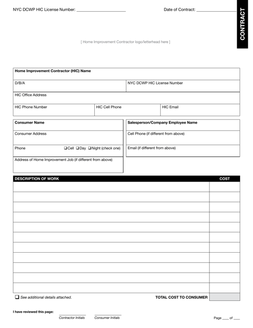 Home Improvement Contractor Contract and Notice of Cancellation - New York City Download Pdf