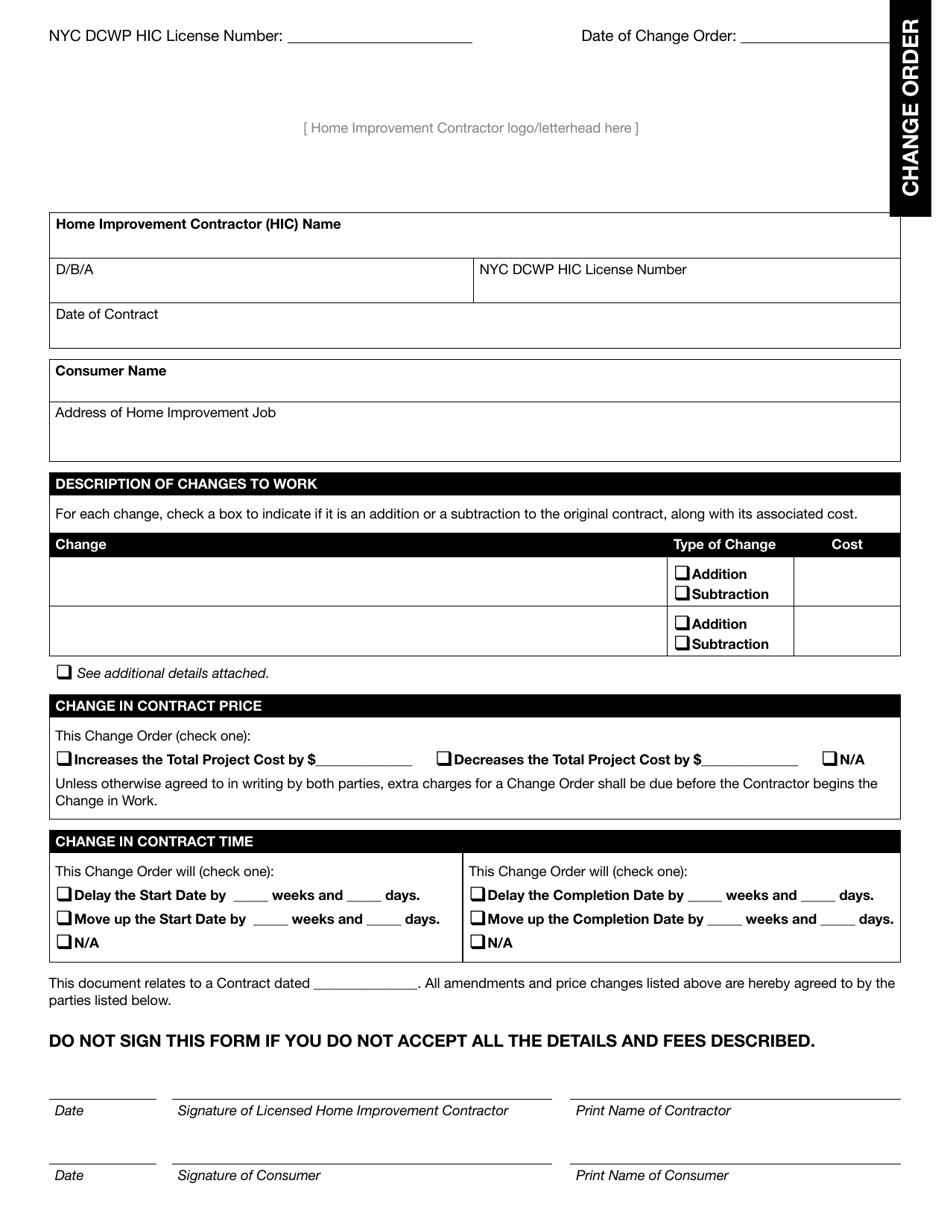Home Improvement Contractor Change Order Form - New York City, Page 1