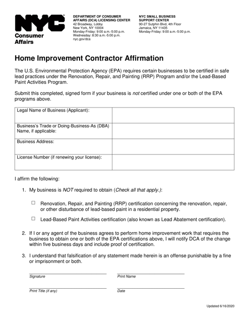 Home Improvement Contractor Affirmation - New York City Download Pdf