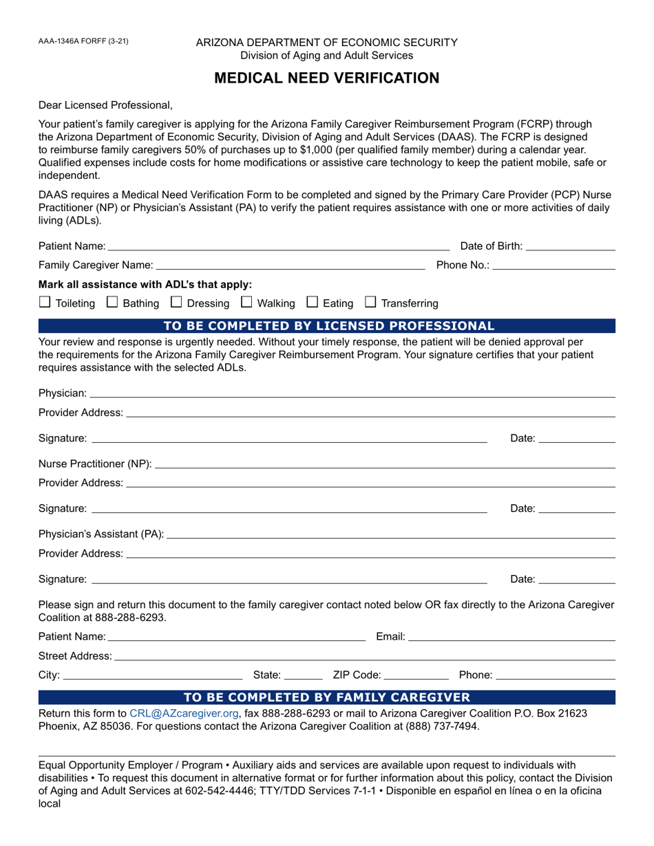 Form AAA-1346A Medical Need Verification - Arizona, Page 1