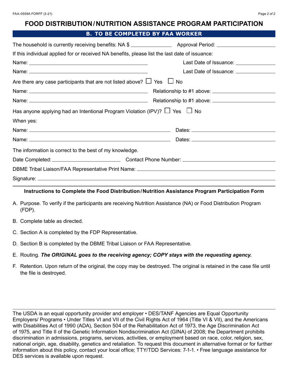 Form FAA-0559A Food Distribution / Nutrition Assistance Program Participation - Arizona, Page 2
