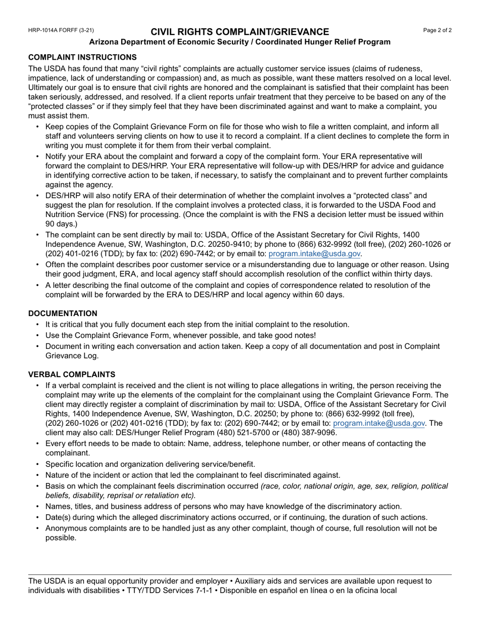 Form HRP-1014A Usda Civil Rights Complaint / Grievance - Arizona, Page 2