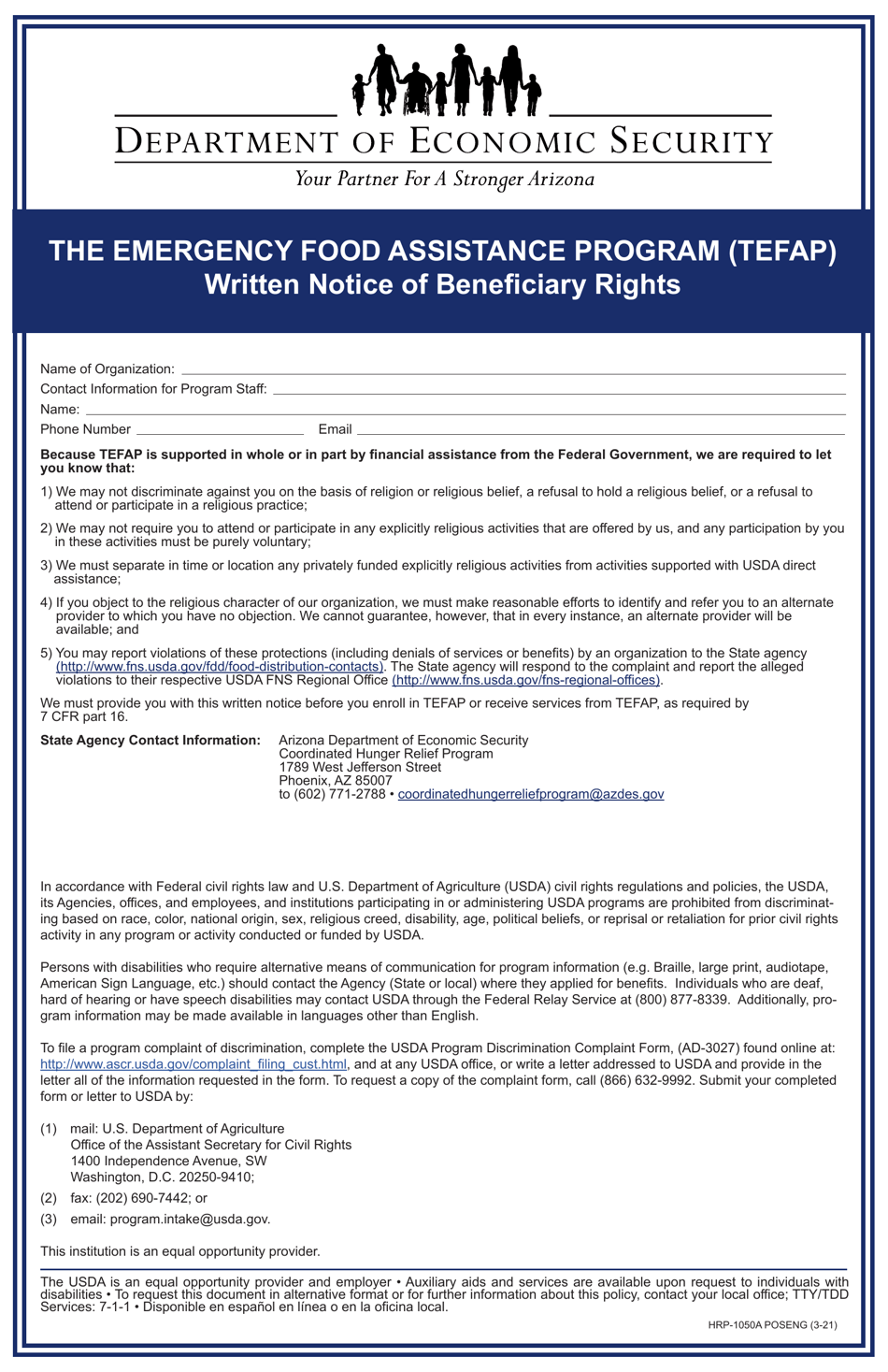 Form HRP-1050A The Emergency Food Assistance Program (Tefap) Written Notice of Beneficiary Rights - Arizona, Page 1