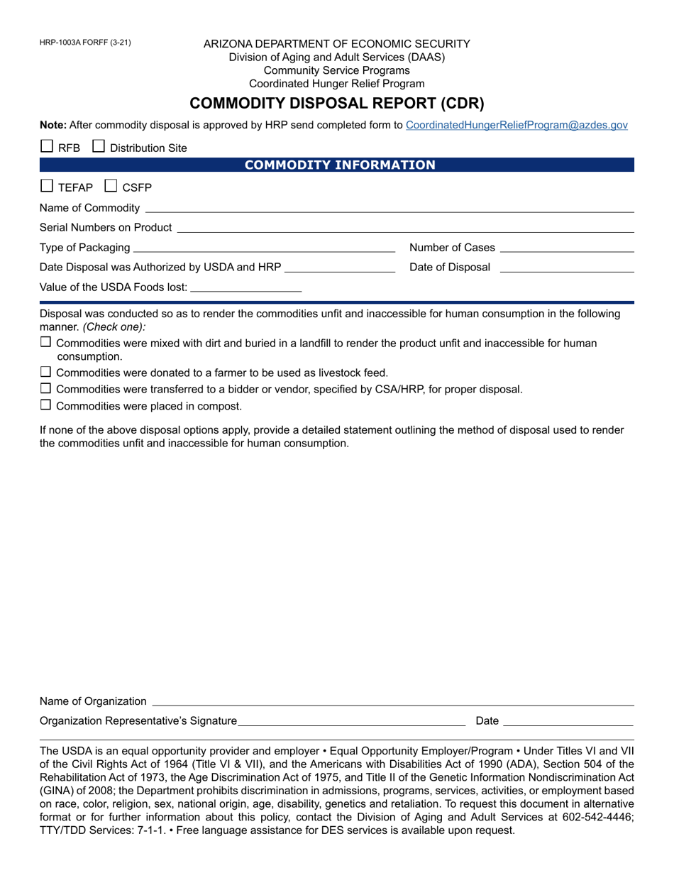Form HRP-1003A Commodity Disposal Report (Cdr) - Arizona, Page 1