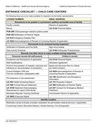 Document preview: Form LIC125 Entrance Checklist - Child Care Centers - California