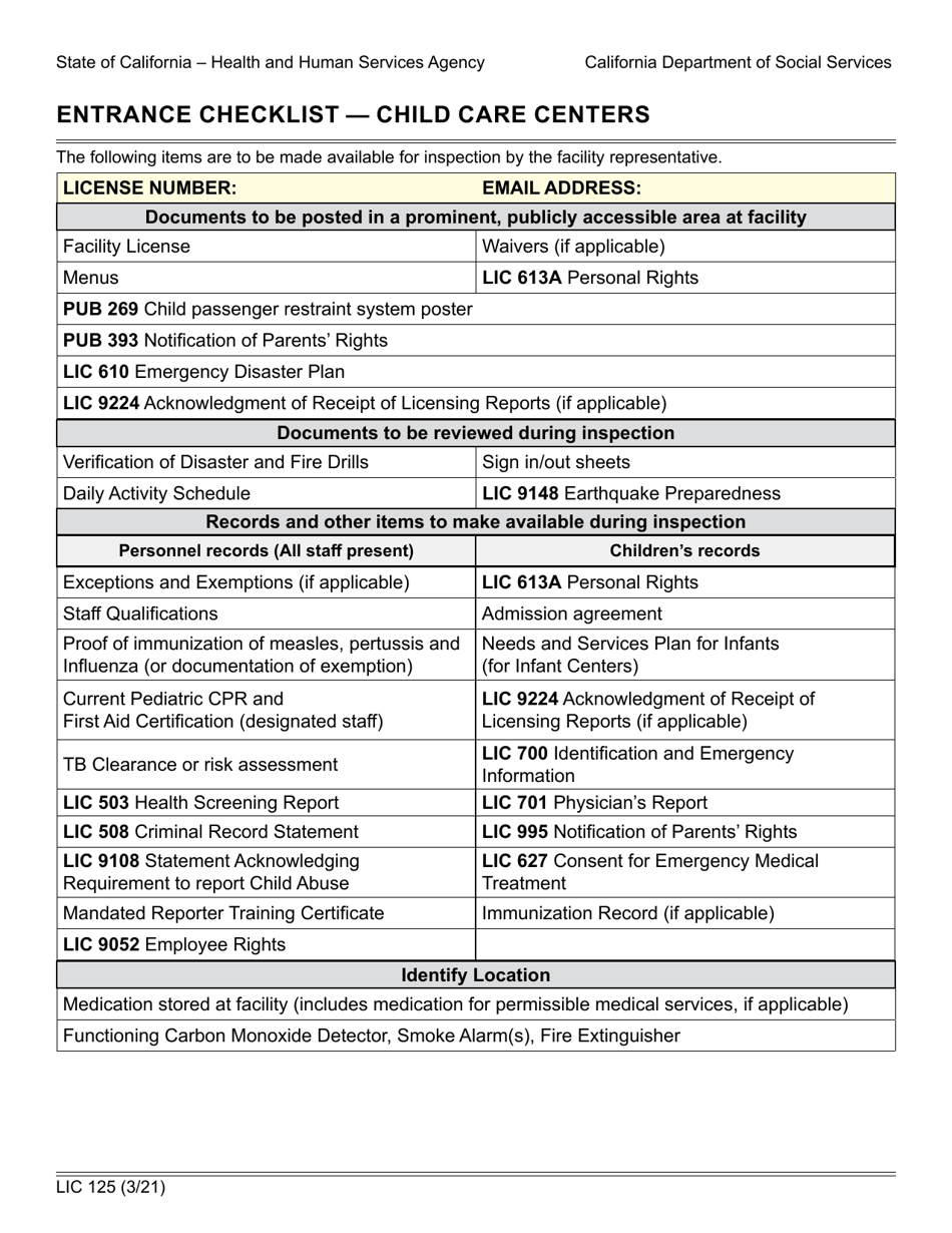 Form LIC125 Entrance Checklist - Child Care Centers - California, Page 1