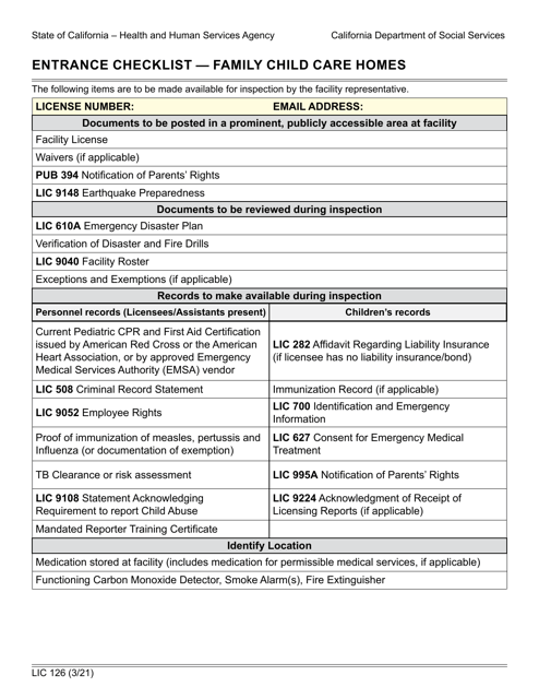 Form LIC126 Entrance Checklist - Family Child Care Homes - California