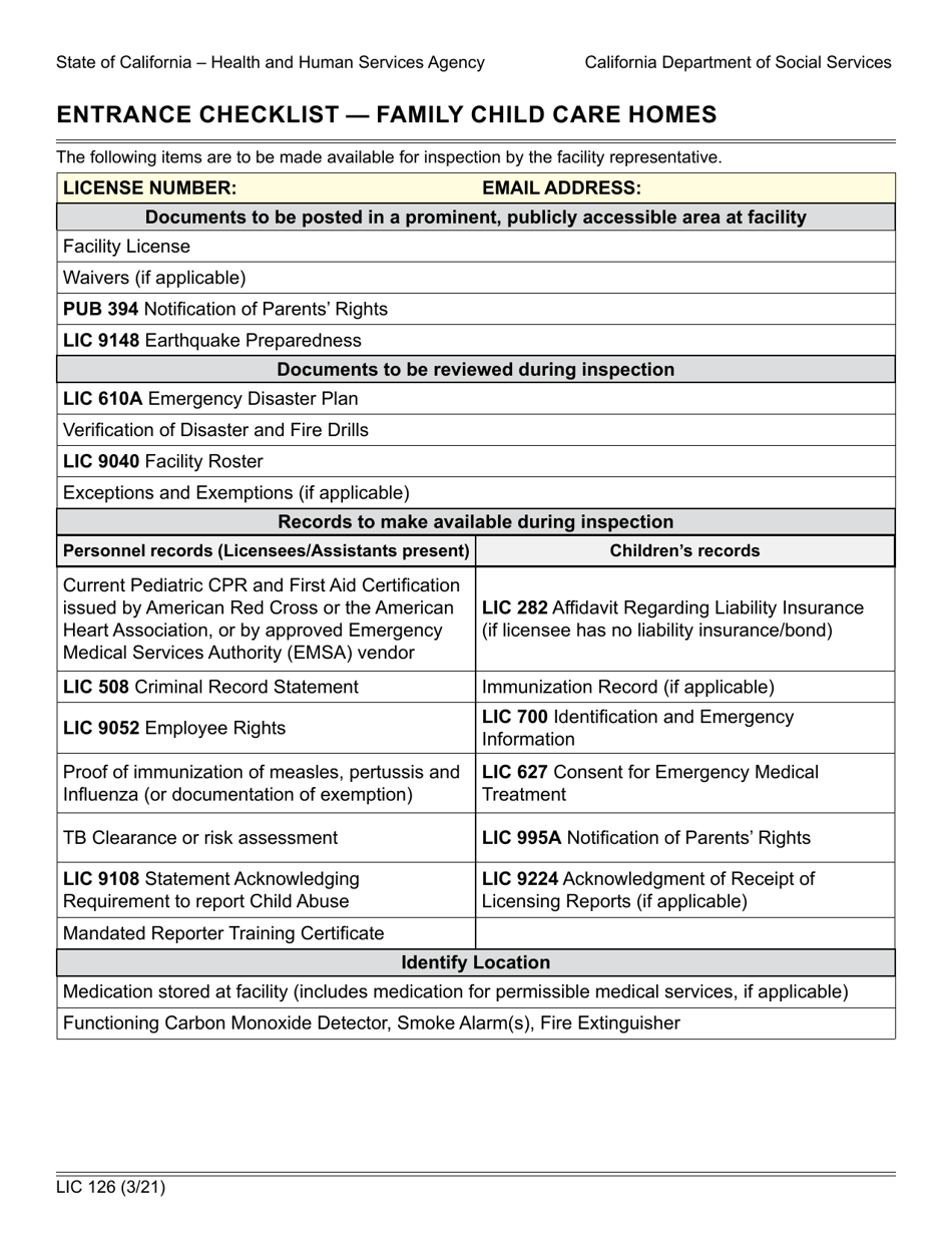 Form LIC126 Entrance Checklist - Family Child Care Homes - California, Page 1