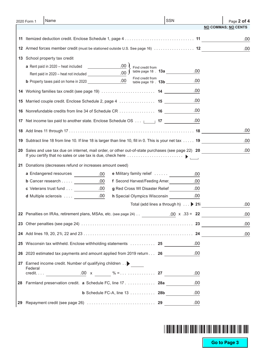 Form 1 Download Fillable PDF or Fill Online Wisconsin Income Tax - 2020 ...