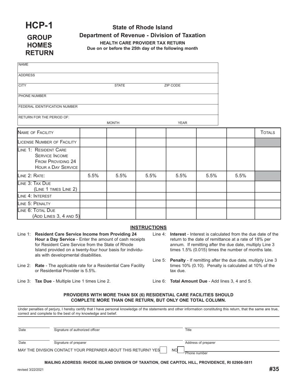Form HCP-1 Health Care Provider Tax Return - Rhode Island, Page 1