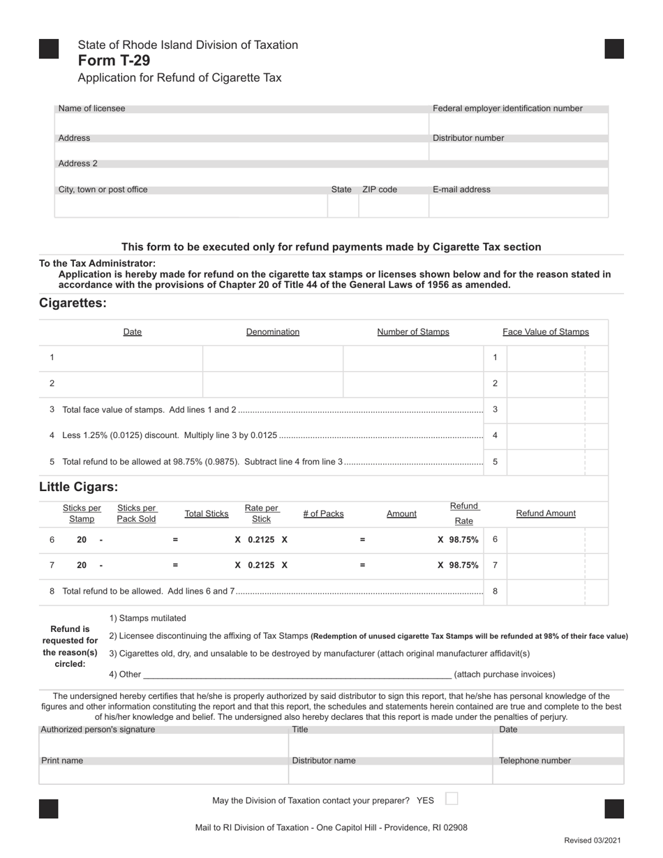 Form T-29 Application for Refund of Cigarette Tax - Rhode Island, Page 1
