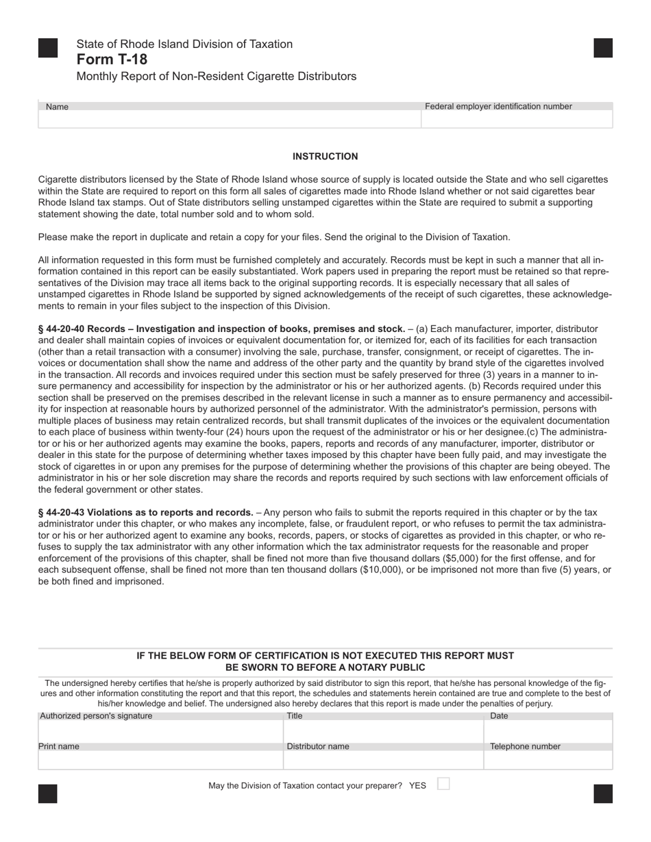Form T-18 Monthly Report of Non-resident Cigarette Distributors - Rhode Island, Page 2
