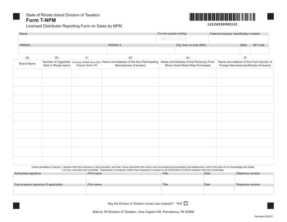Form T-NPM Licensed Distributor Reporting Form on Sales by Npm - Rhode Island, Page 1