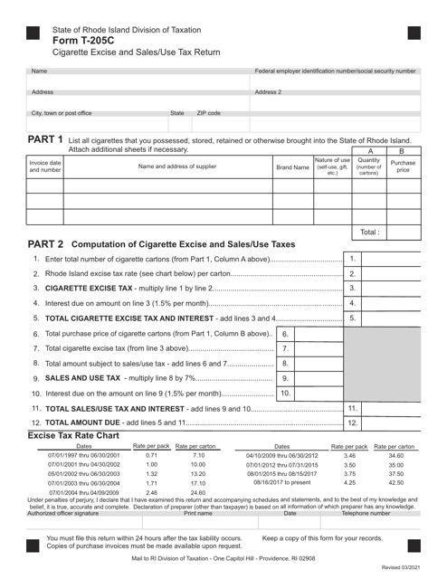 Form T-205C Cigarette Excise and Sales/Use Tax(return - Rhode Island