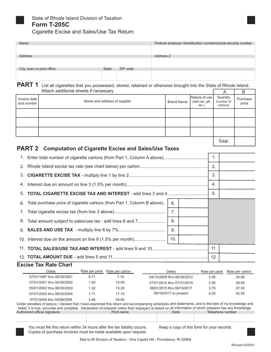 Form T-205C Cigarette Excise and Sales / Use Tax(return - Rhode Island, Page 1