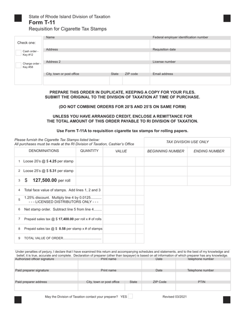 Form T-11 Requisition for Cigarette Tax Stamps - Rhode Island