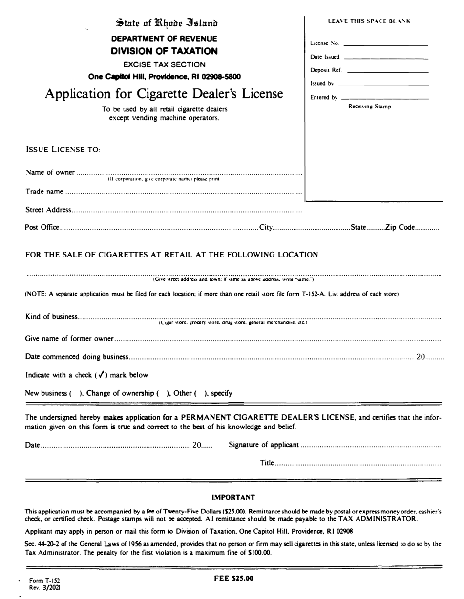 Form T-152 Application for Cigarette Dealers License - Rhode Island, Page 1