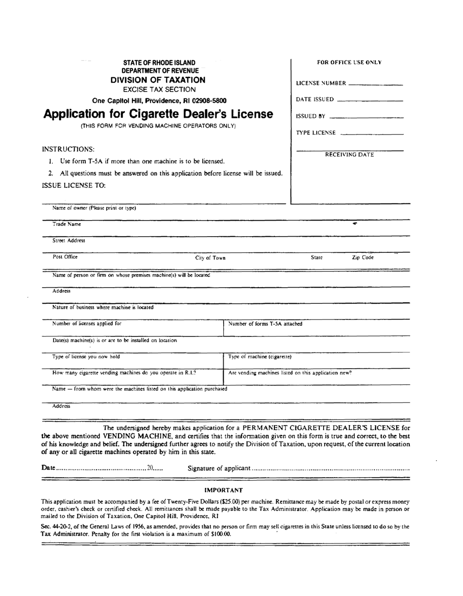 Form T-154 Application for Cigarette Dealer's License (Vending Machines) - Rhode Island, Page 1