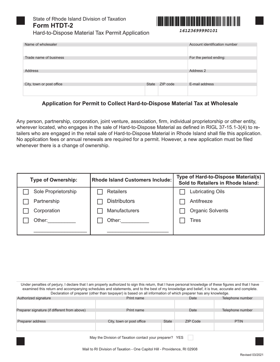 Form HTDT-2 Hard-To-Dispose Material Tax Permit Application - Rhode Island, Page 1