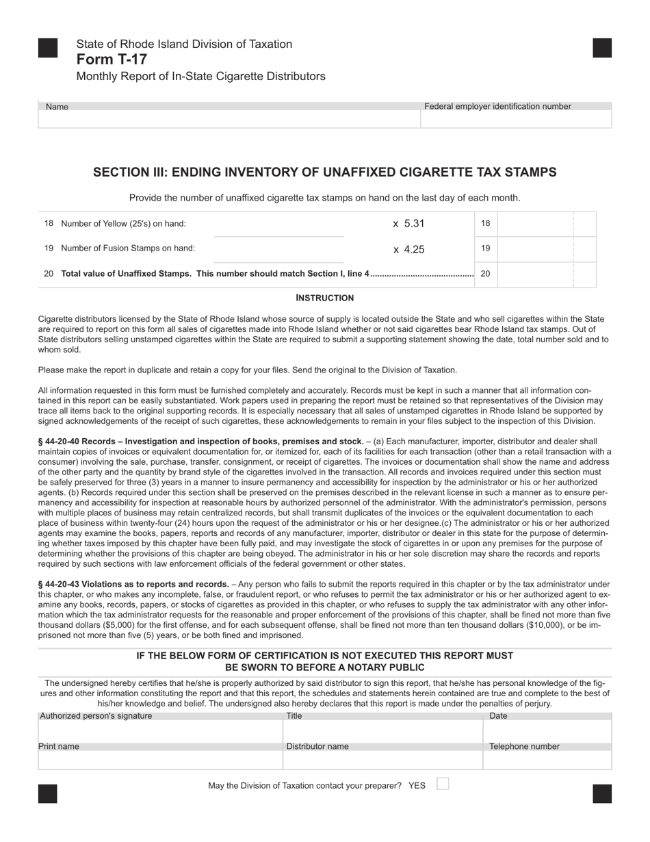 Form T-17 Monthly Report of in-State Cigarette Distributors - Rhode Island, Page 2