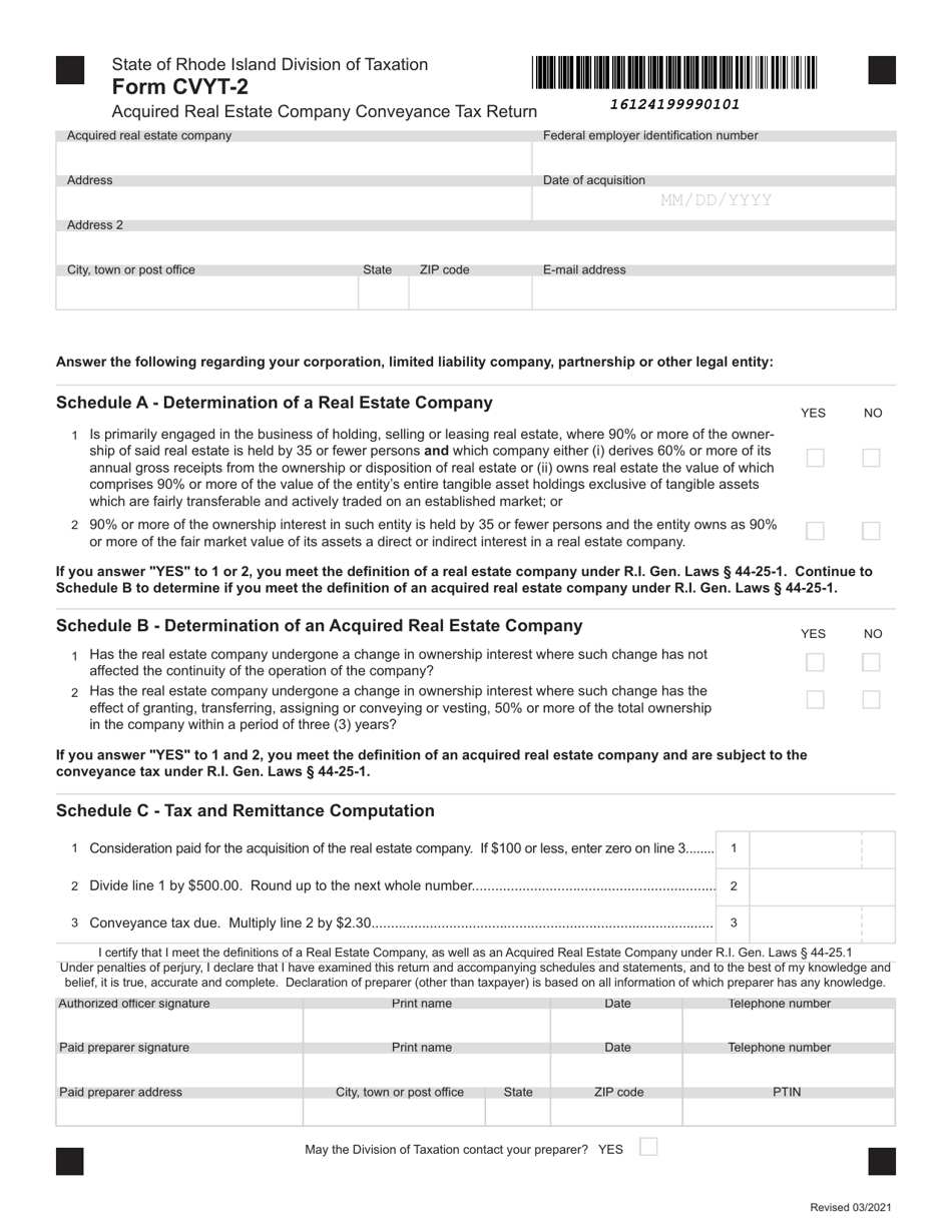 Form CVYT-2 Acquired Real Estate Company Conveyance Tax Return - Rhode Island, Page 1