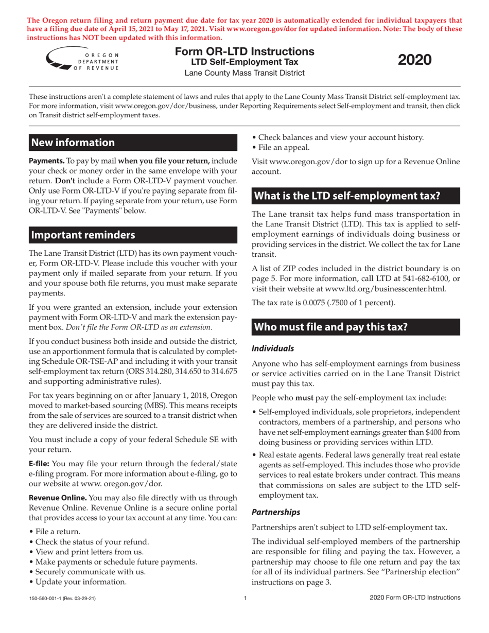Instructions for Form OR-LTD, 150-560-001 Lane County Mass Transit District Self-employment Tax - Oregon, Page 1