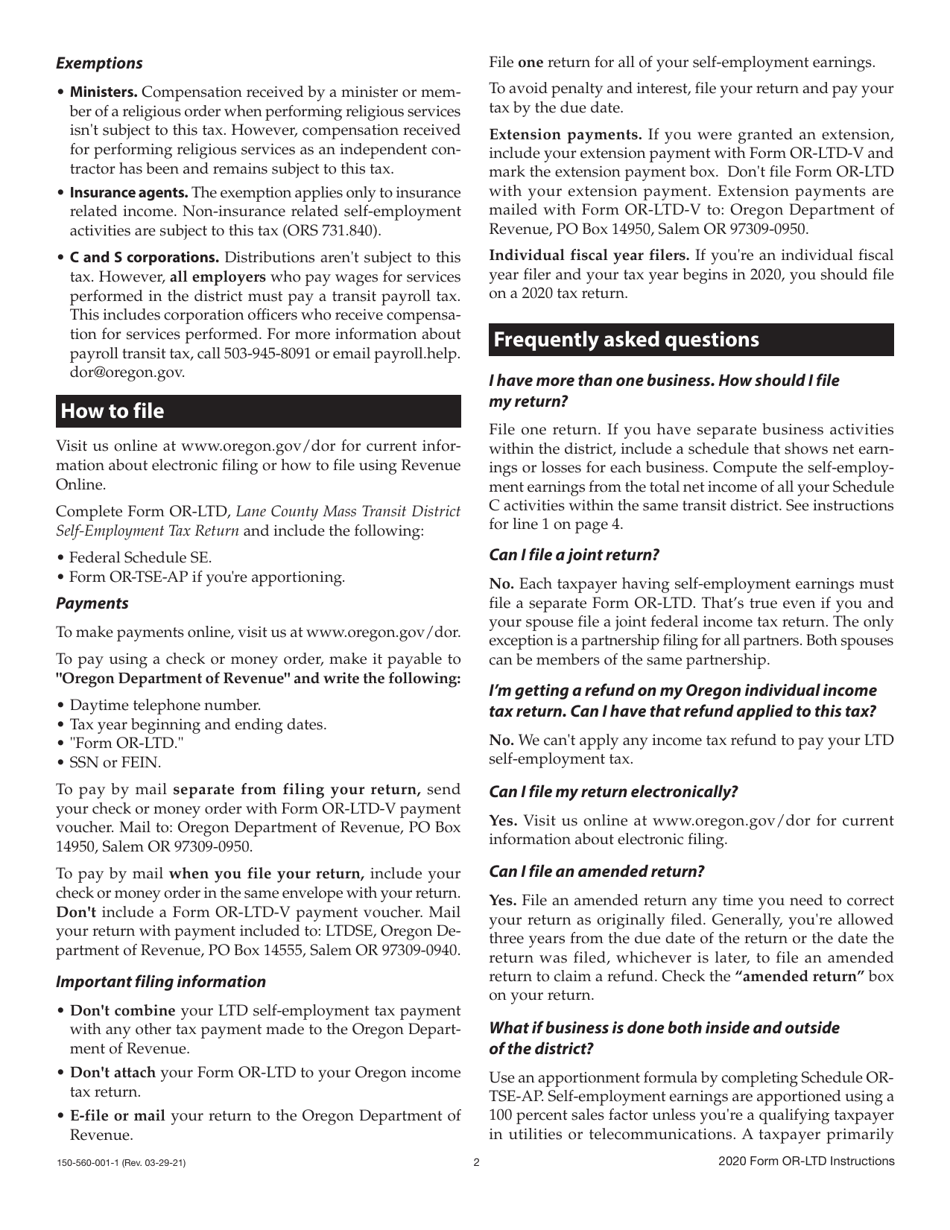 Instructions for Form OR-LTD, 150-560-001 Lane County Mass Transit District Self-employment Tax - Oregon, Page 2