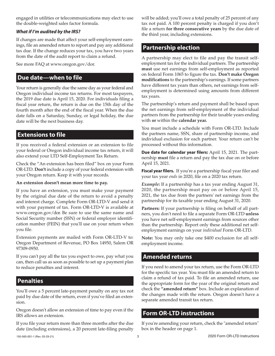 Instructions for Form OR-LTD, 150-560-001 Lane County Mass Transit District Self-employment Tax - Oregon, Page 3