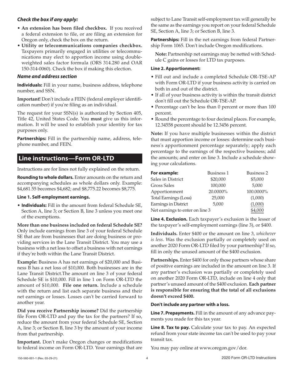 Instructions for Form OR-LTD, 150-560-001 Lane County Mass Transit District Self-employment Tax - Oregon, Page 4