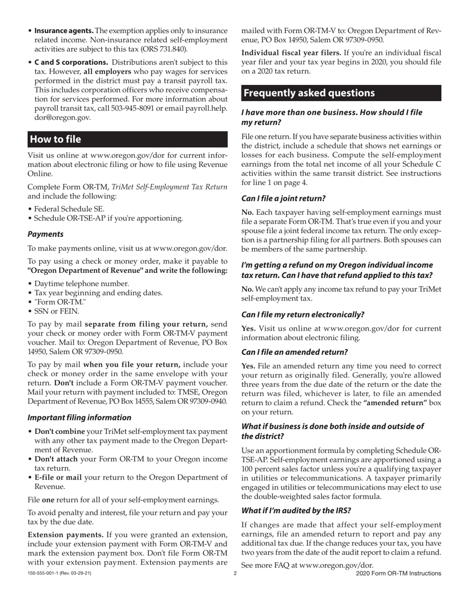 Instructions for Form OR-TM, 150-555-001 Tri-County Metropolitan Transportation District Self-employment Tax - Oregon, Page 2