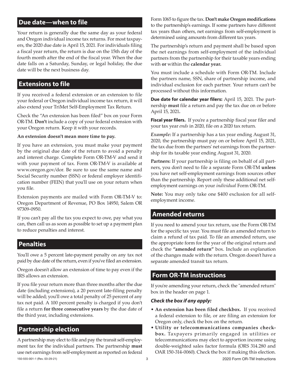 Instructions for Form OR-TM, 150-555-001 Tri-County Metropolitan Transportation District Self-employment Tax - Oregon, Page 3