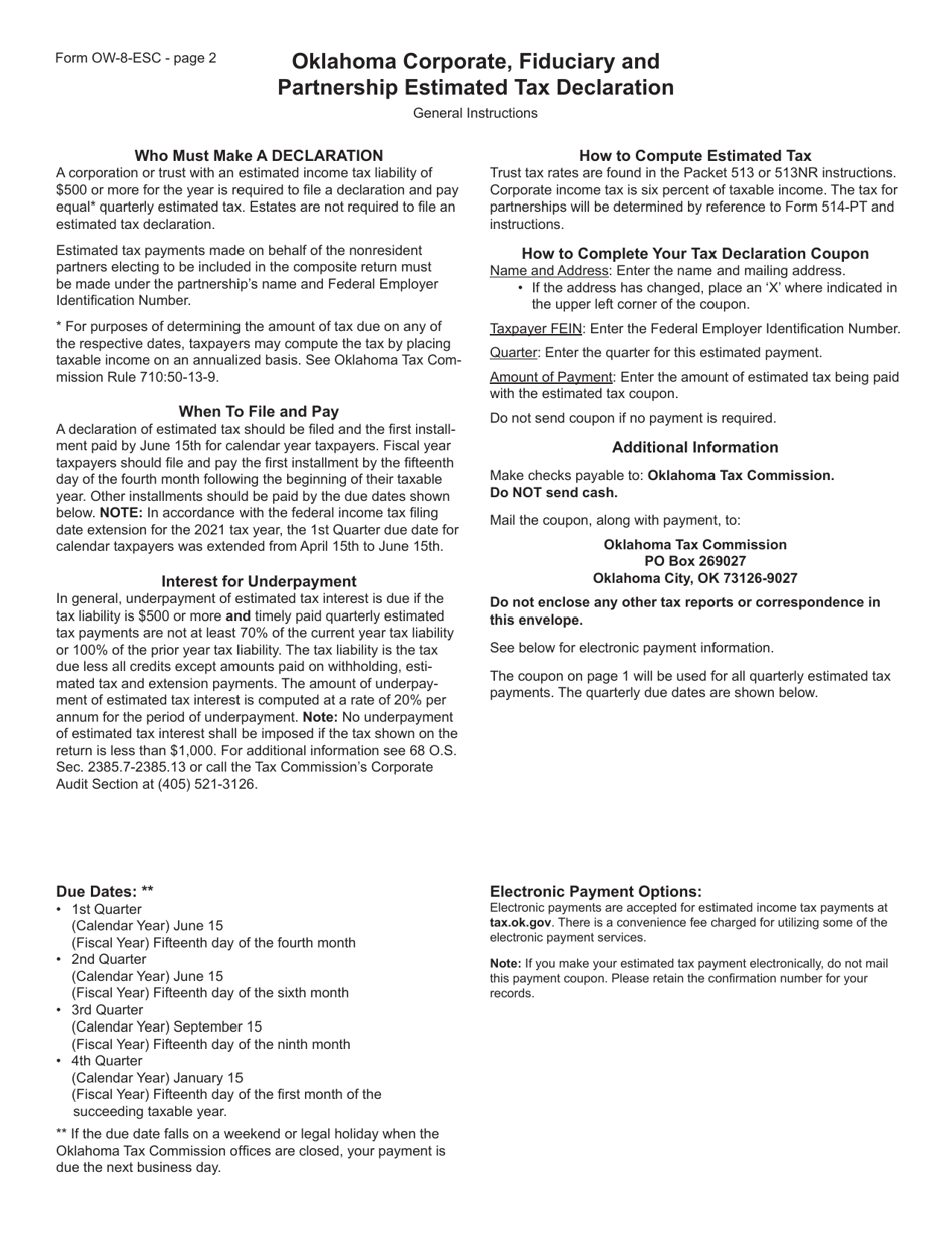 Form OW-8-ESC Oklahoma Corporate, Fiduciary and Partnership Estimated Tax Worksheet for Corporations, Partnerships and Trusts - Oklahoma, Page 2