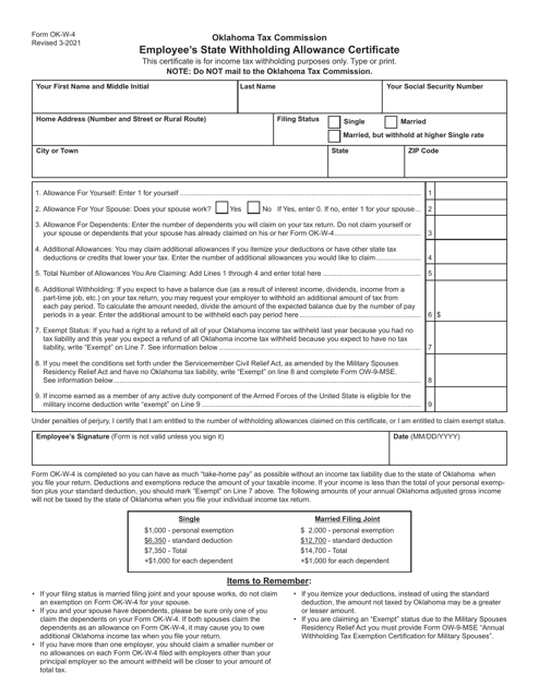 Form OK-W-4 Employee's State Withholding Allowance Certificate - Oklahoma