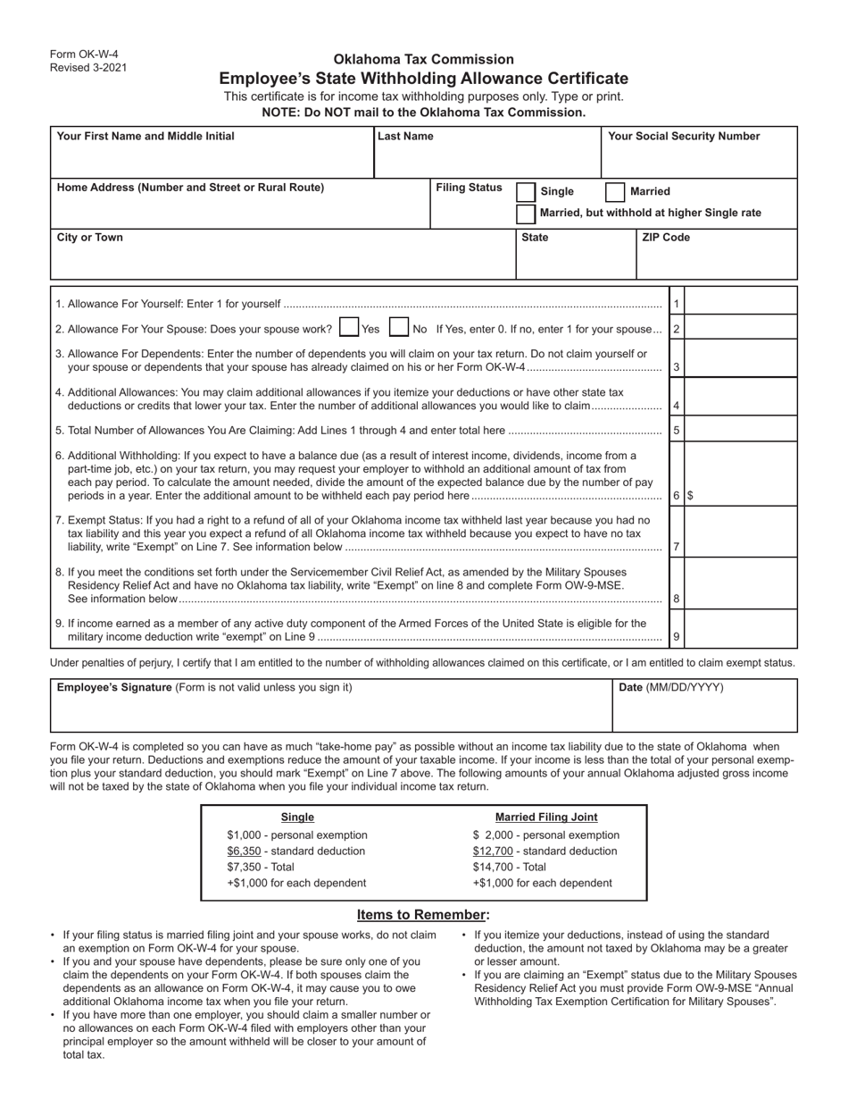 Form OK-W-4 Employees State Withholding Allowance Certificate - Oklahoma, Page 1