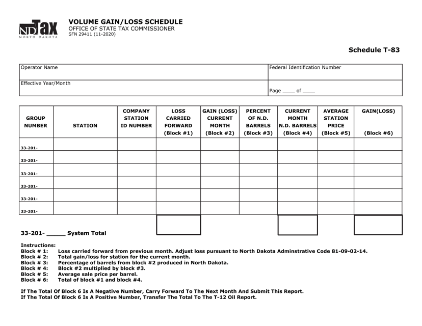 Form SFN29411 Schedule T-83 Volume Gain/Loss Schedule - North Dakota