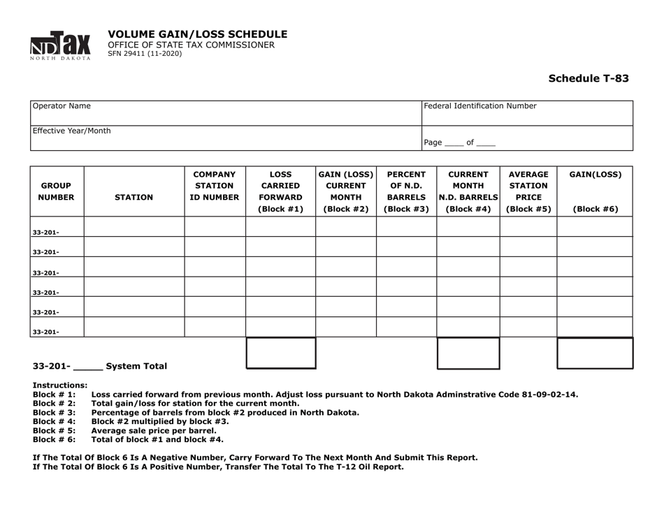 Form SFN29411 Schedule T-83 Volume Gain / Loss Schedule - North Dakota, Page 1