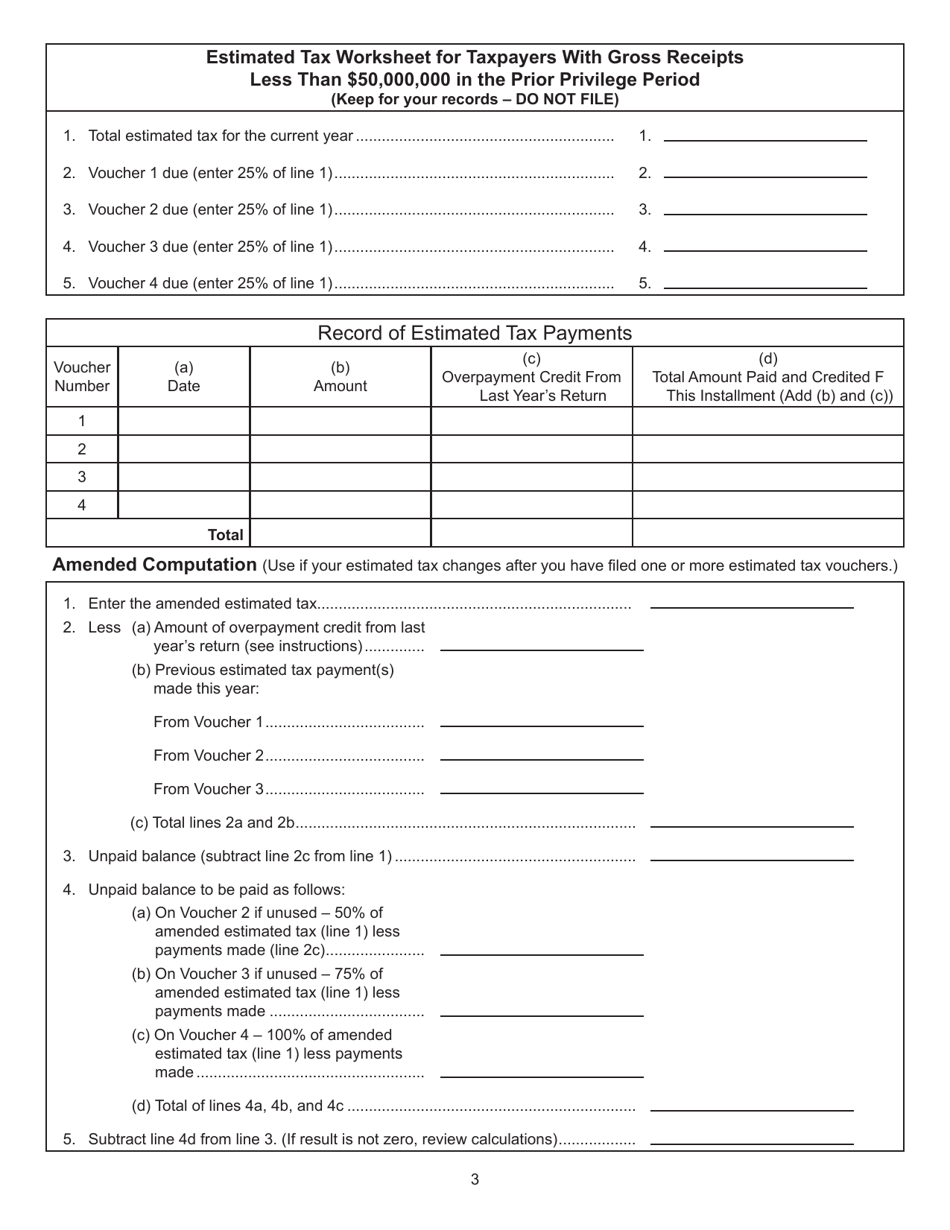 Form CBT-150 Estimated Tax Worksheet for Taxpayers With Gross Receipts Less Than $50,000,000 in the Prior Privilege Period - New Jersey, Page 3