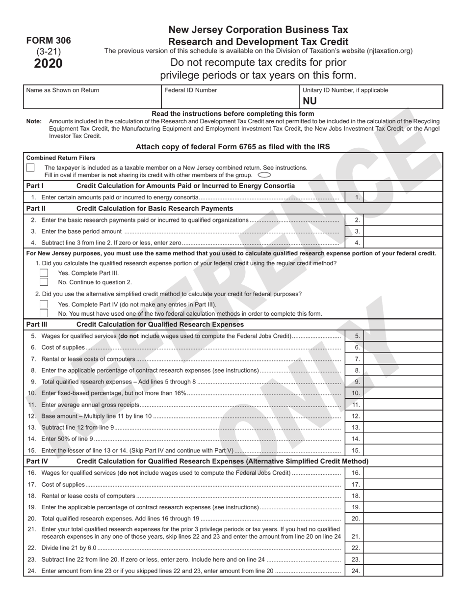 Form 306 Research and Development Tax Credit - New Jersey, Page 1