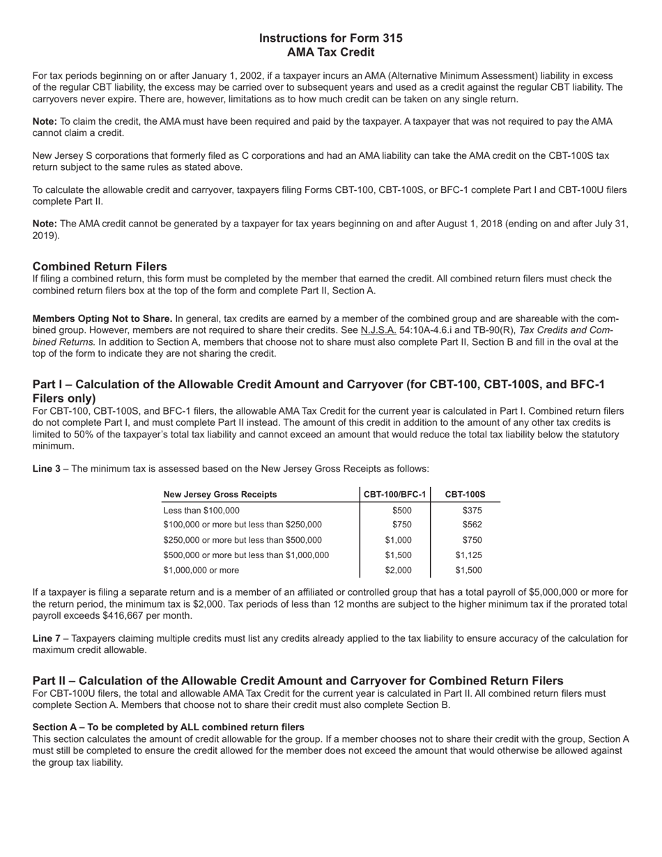 Form 315 Ama Tax Credit - New Jersey, Page 3