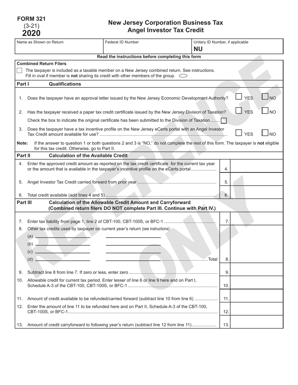 Form 321 Angel Investor Tax Credit - New Jersey, Page 1