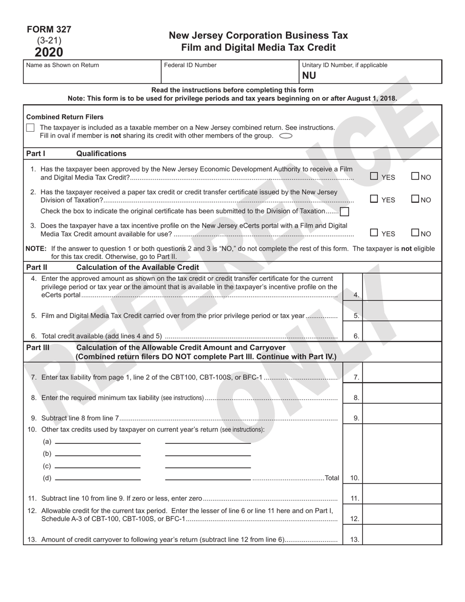 Form 327 Film and Digital Media Tax Credit - New Jersey, Page 1
