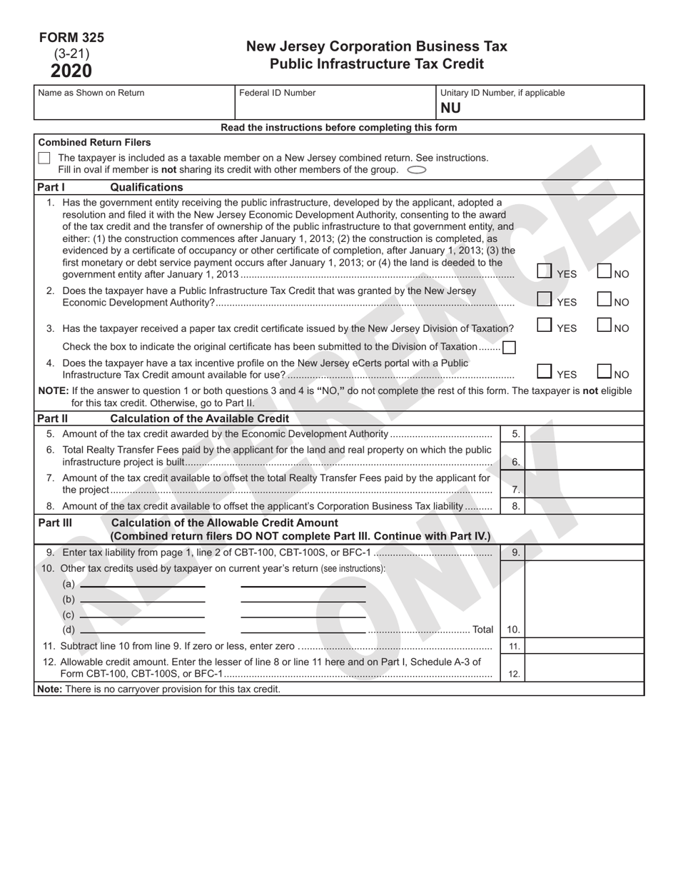 Form 325 Public Infrastructure Tax Credit - New Jersey, Page 1