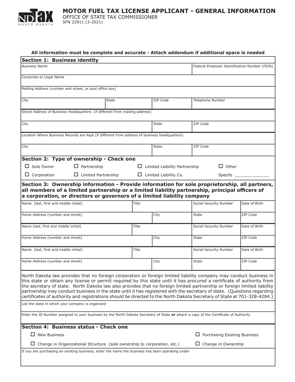 Form SFN22911 Motor Fuel Tax License Applicant - General Information - North Dakota, Page 1