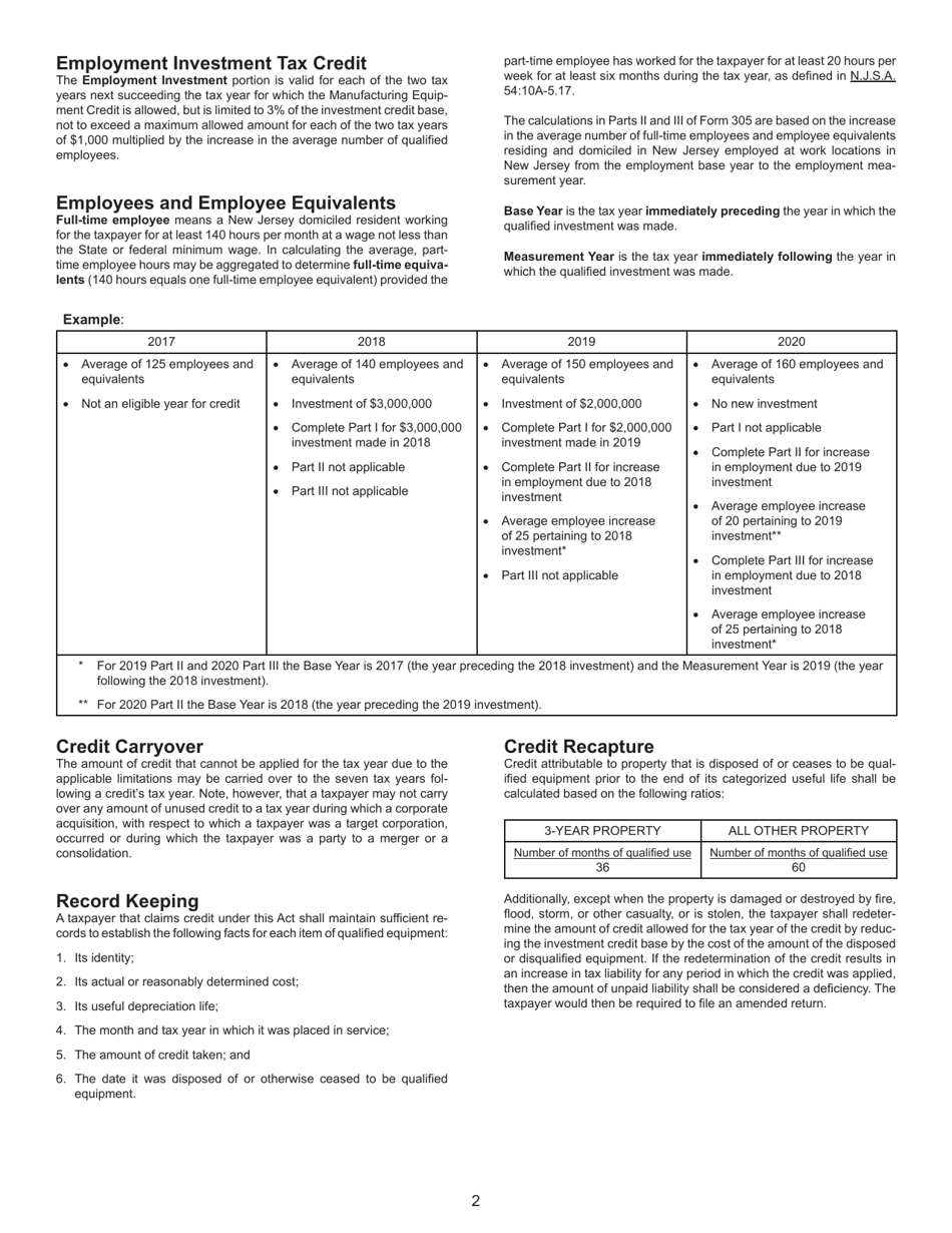 Form 305 Manufacturing Equipment and Employment Investment Tax Credit - New Jersey, Page 5