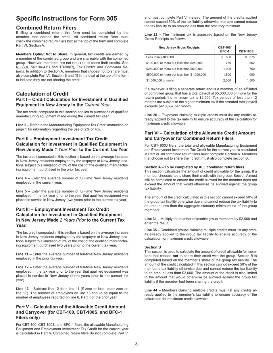Form 305 Manufacturing Equipment and Employment Investment Tax Credit - New Jersey, Page 6