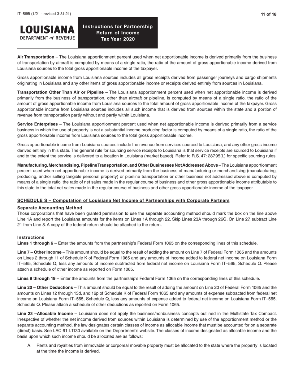 Instructions for Form IT-565 Partnership Return of Income - Louisiana, Page 11