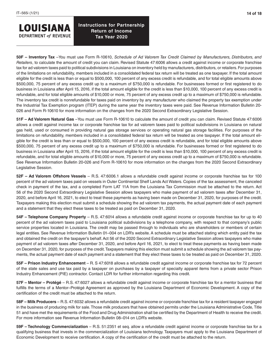 Instructions for Form IT-565 Partnership Return of Income - Louisiana, Page 14