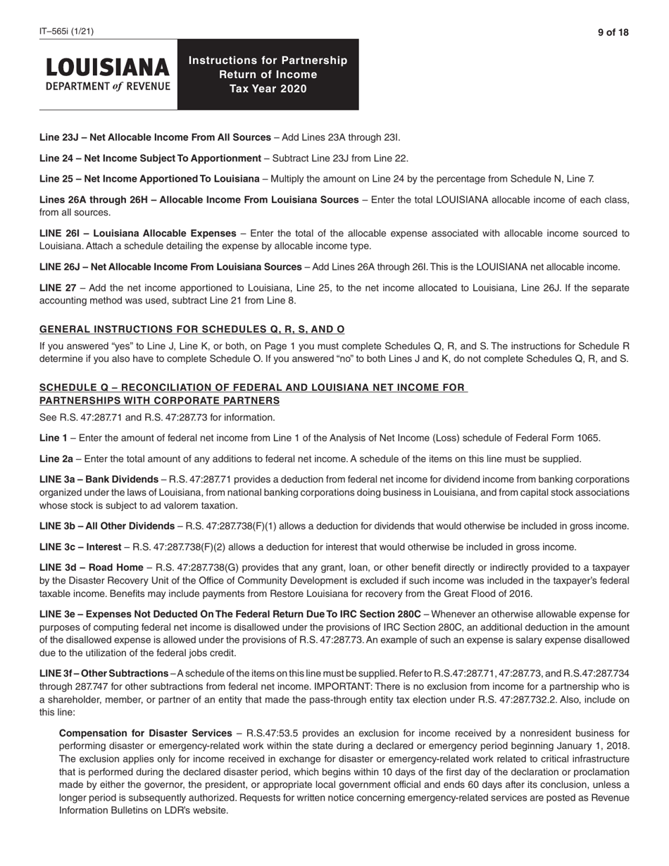 Instructions for Form IT-565 Partnership Return of Income - Louisiana, Page 9