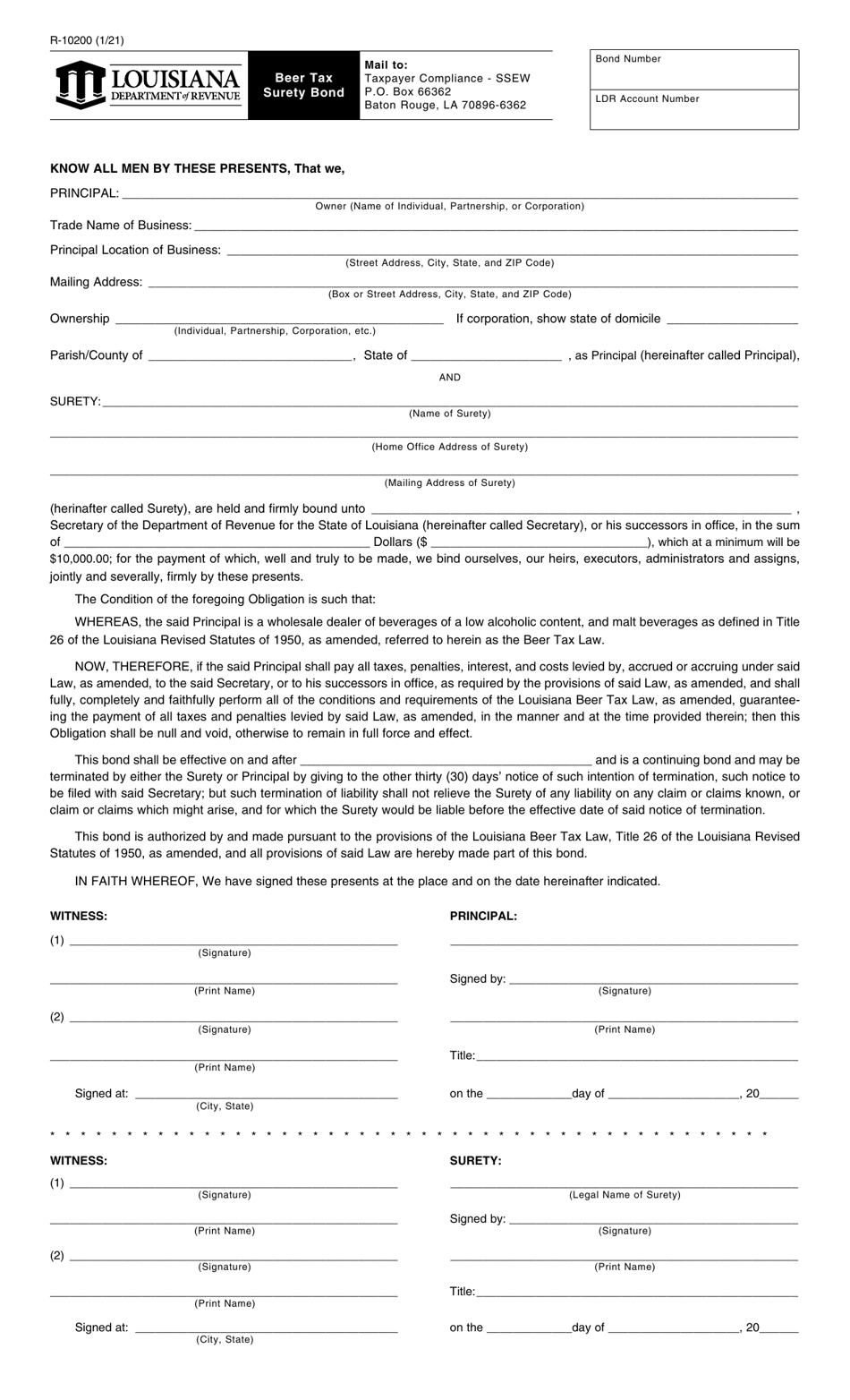 Form R-10200 Beer Tax Surety Bond - Louisiana, Page 1